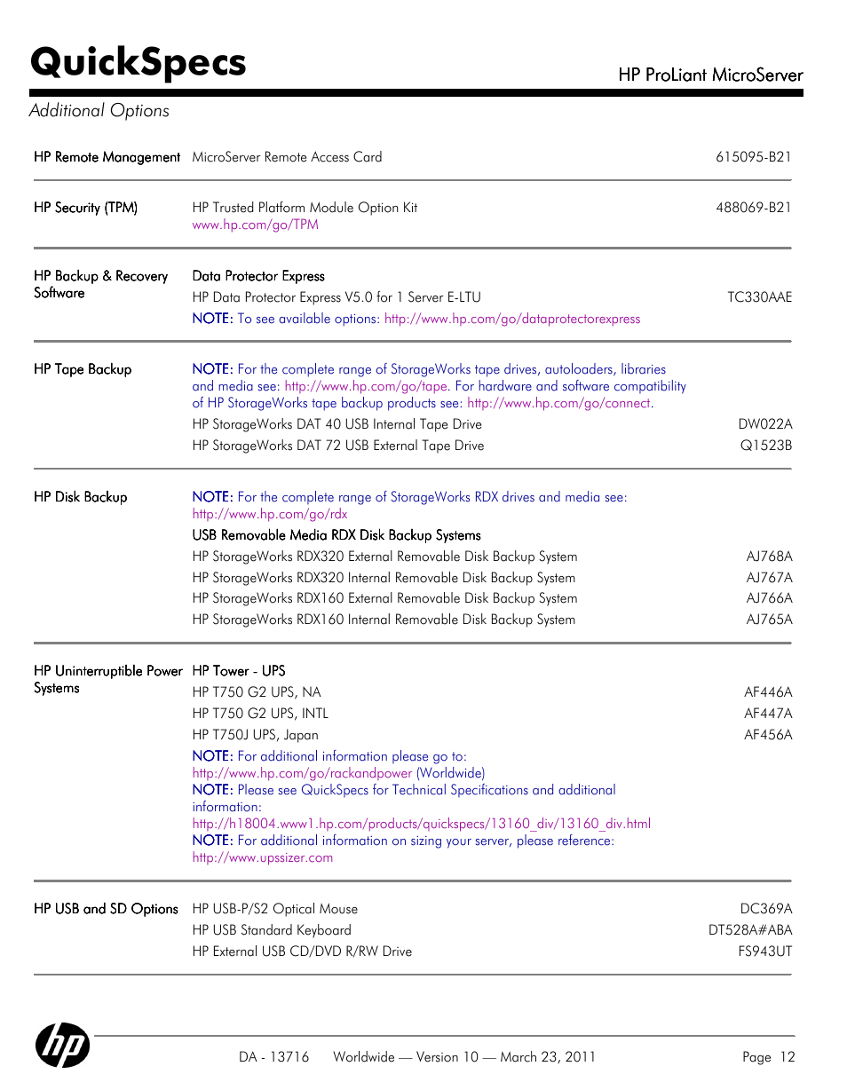 Additional options, Quickspecs, Hp proliant microserver | Hp proliant microserver additional options | HP PROLIANT DA - 13716 User Manual | Page 12 / 22