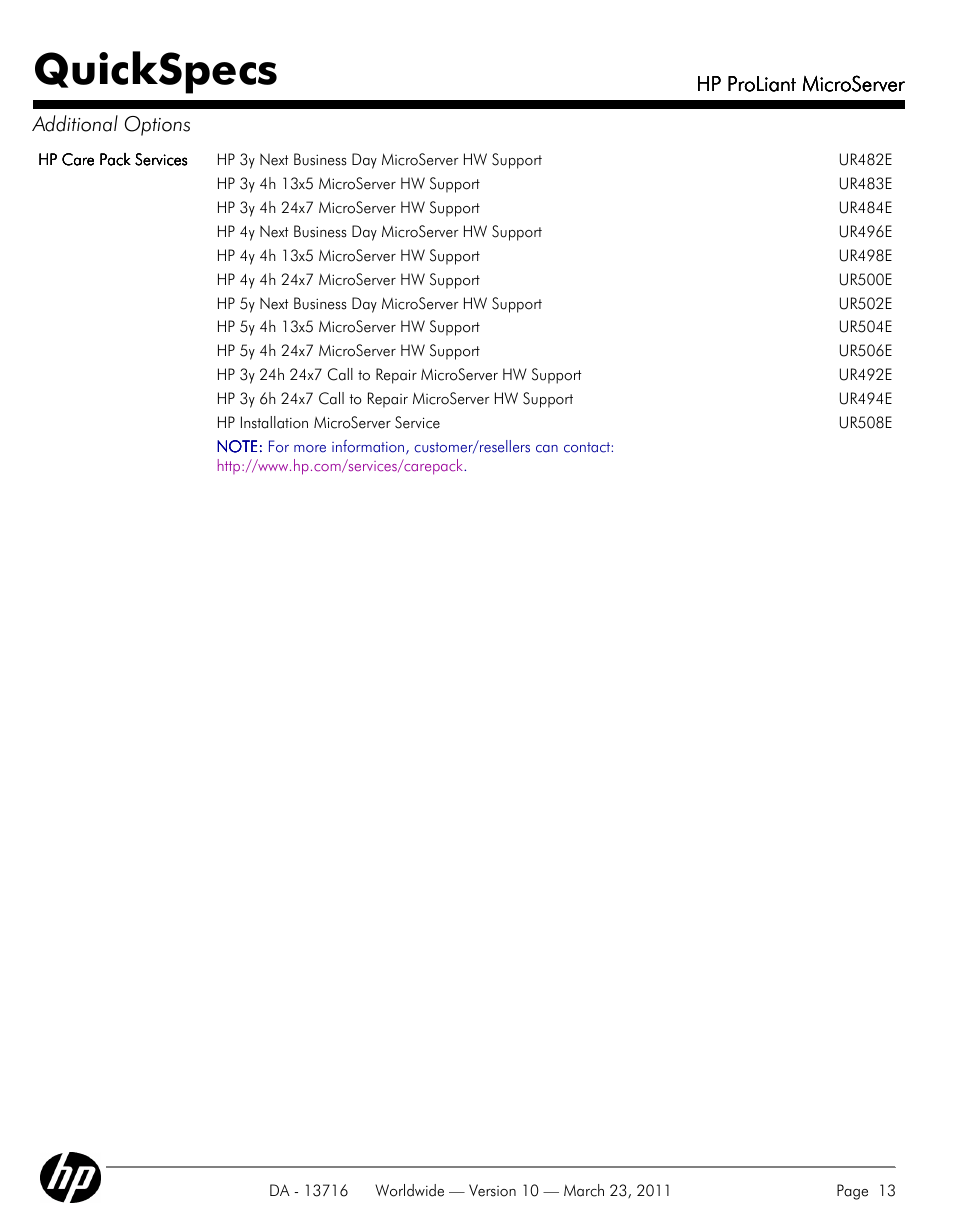 Quickspecs, Hp proliant microserver, Hp proliant microserver additional options | HP PROLIANT DA - 13716 User Manual | Page 13 / 22