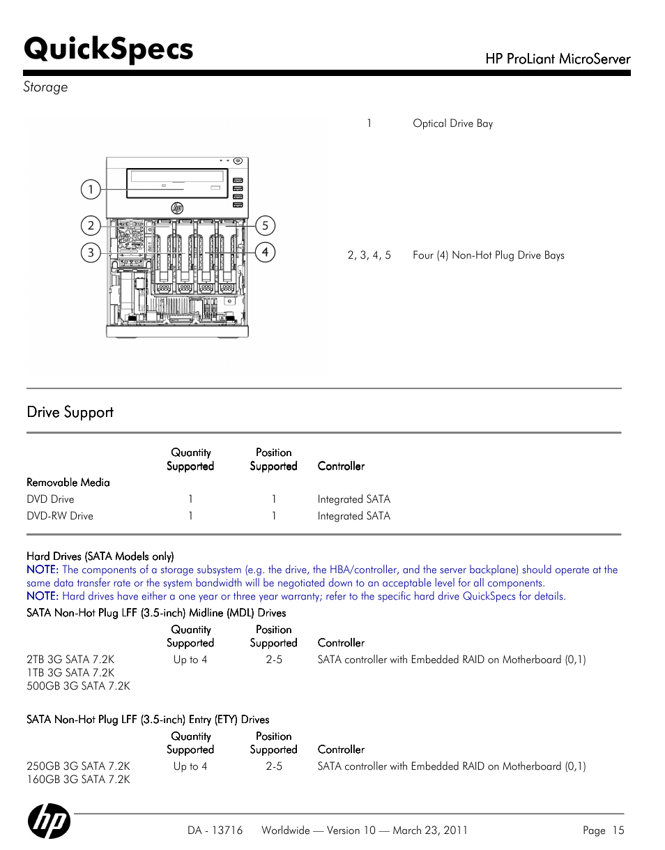 Storage, Quickspecs, Drive support | Hp proliant microserver, Hp proliant microserver storage | HP PROLIANT DA - 13716 User Manual | Page 15 / 22