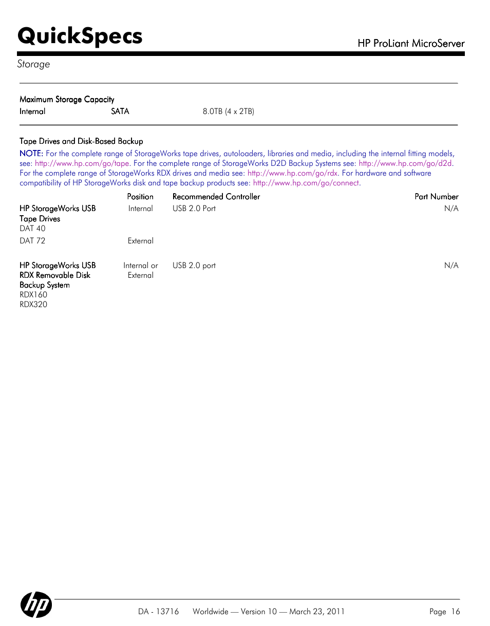 Quickspecs, Hp proliant microserver, Hp proliant microserver storage | HP PROLIANT DA - 13716 User Manual | Page 16 / 22