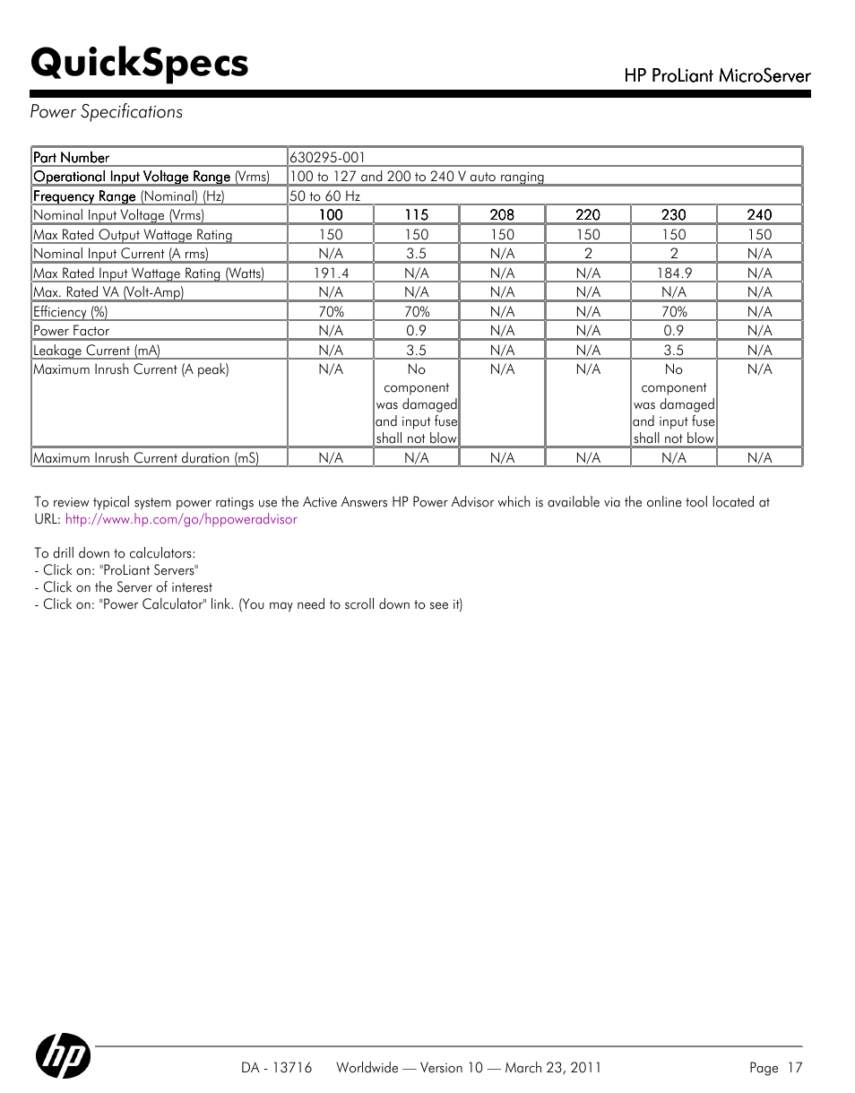 Power specifications, Quickspecs, Hp proliant microserver | Hp proliant microserver power specifications | HP PROLIANT DA - 13716 User Manual | Page 17 / 22