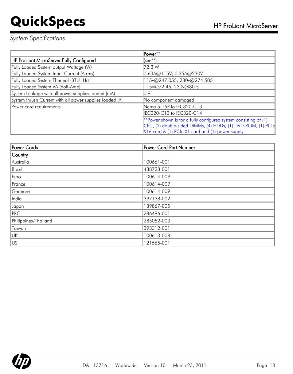 System specifications, Quickspecs, Hp proliant microserver | Hp proliant microserver system specifications | HP PROLIANT DA - 13716 User Manual | Page 18 / 22