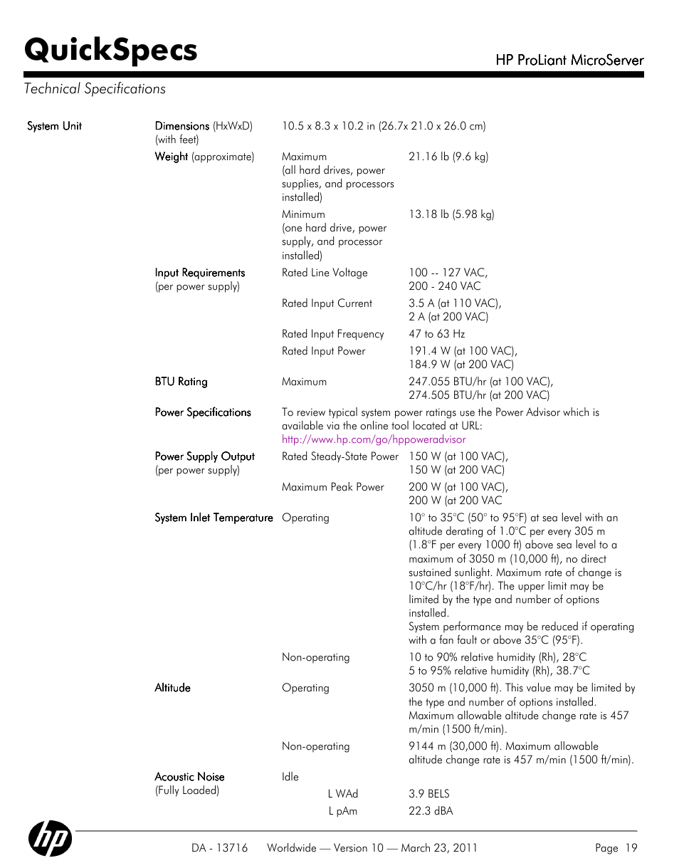 Technical specifications, Quickspecs, Hp proliant microserver | Hp proliant microserver technical specifications | HP PROLIANT DA - 13716 User Manual | Page 19 / 22