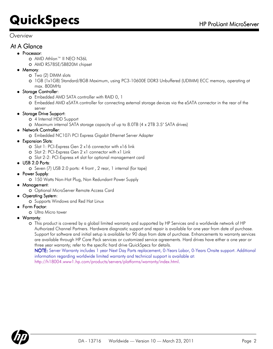 Quickspecs, At a glance, Hp proliant microserver | Hp proliant microserver overview | HP PROLIANT DA - 13716 User Manual | Page 2 / 22