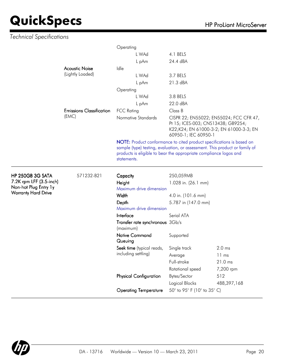 Quickspecs, Hp proliant microserver, Hp proliant microserver technical specifications | HP PROLIANT DA - 13716 User Manual | Page 20 / 22