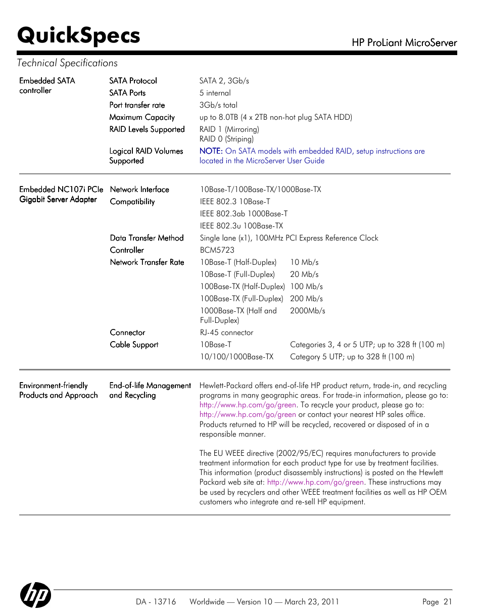 Quickspecs, Hp proliant microserver, Hp proliant microserver technical specifications | HP PROLIANT DA - 13716 User Manual | Page 21 / 22