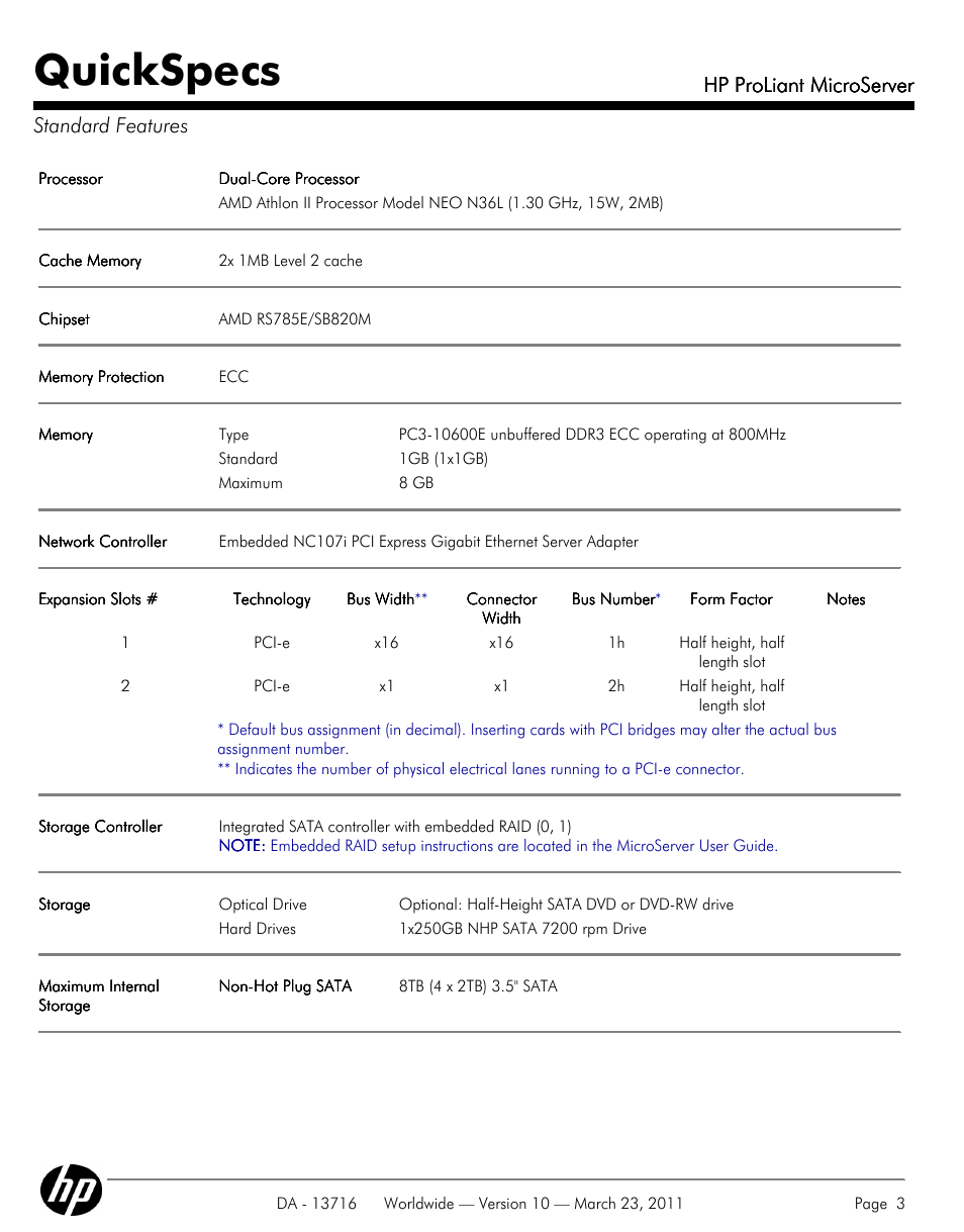 Standard features, Quickspecs, Hp proliant microserver | Hp proliant microserver standard features | HP PROLIANT DA - 13716 User Manual | Page 3 / 22