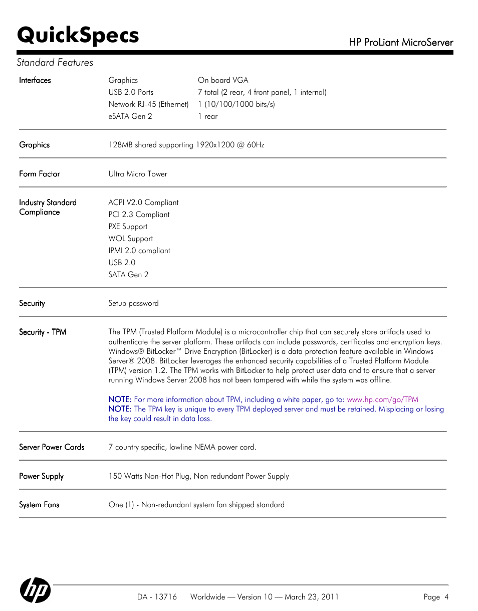 Quickspecs, Hp proliant microserver, Hp proliant microserver standard features | HP PROLIANT DA - 13716 User Manual | Page 4 / 22