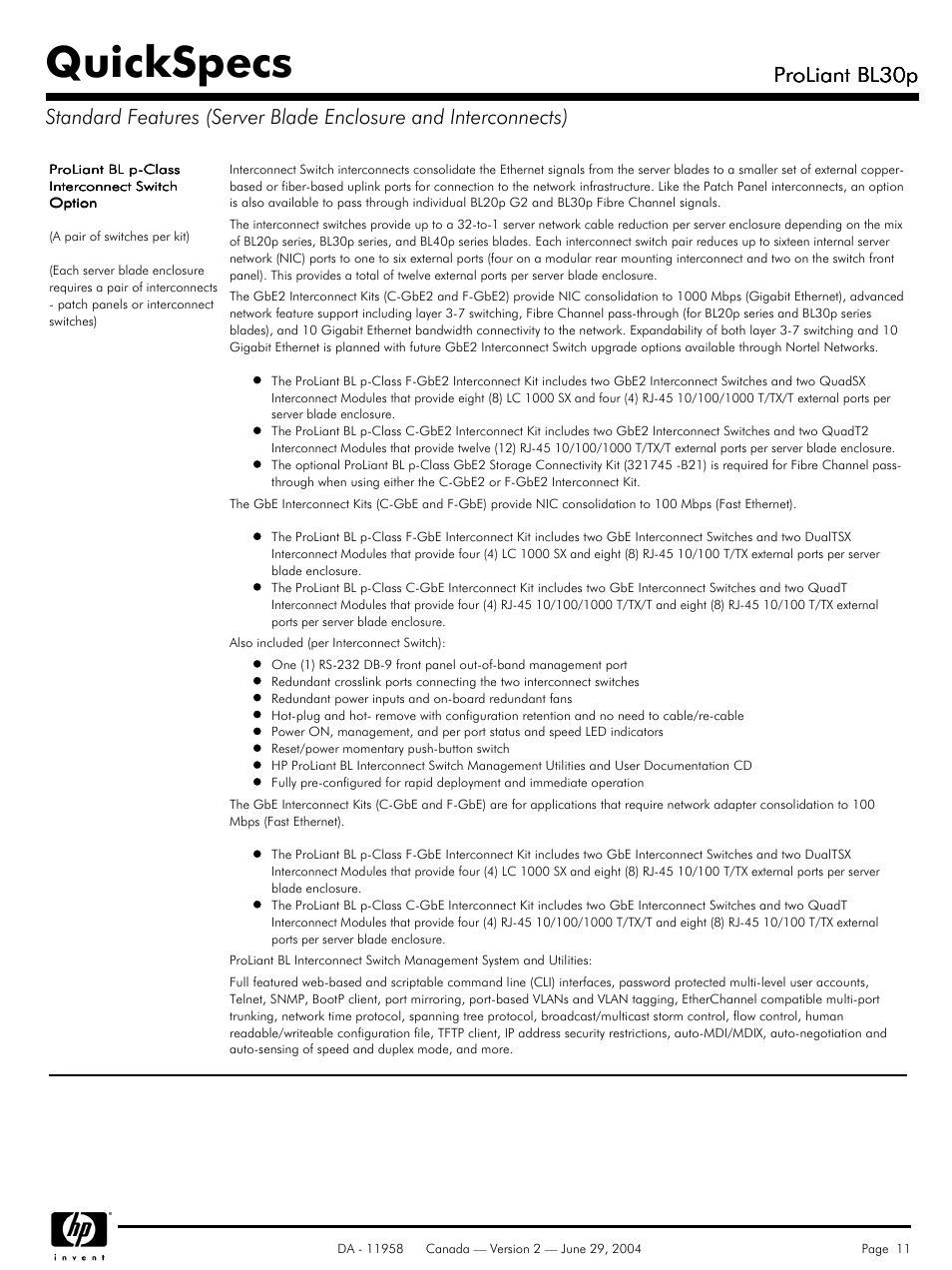 Quickspecs, Proliant bl30p | HP BL30p User Manual | Page 11 / 36