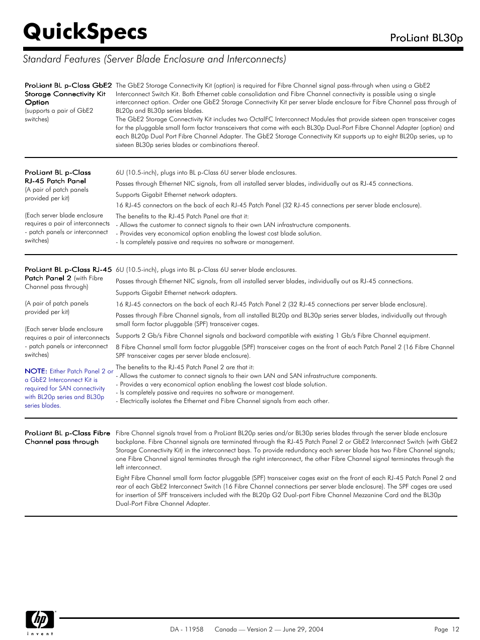 Quickspecs, Proliant bl30p | HP BL30p User Manual | Page 12 / 36