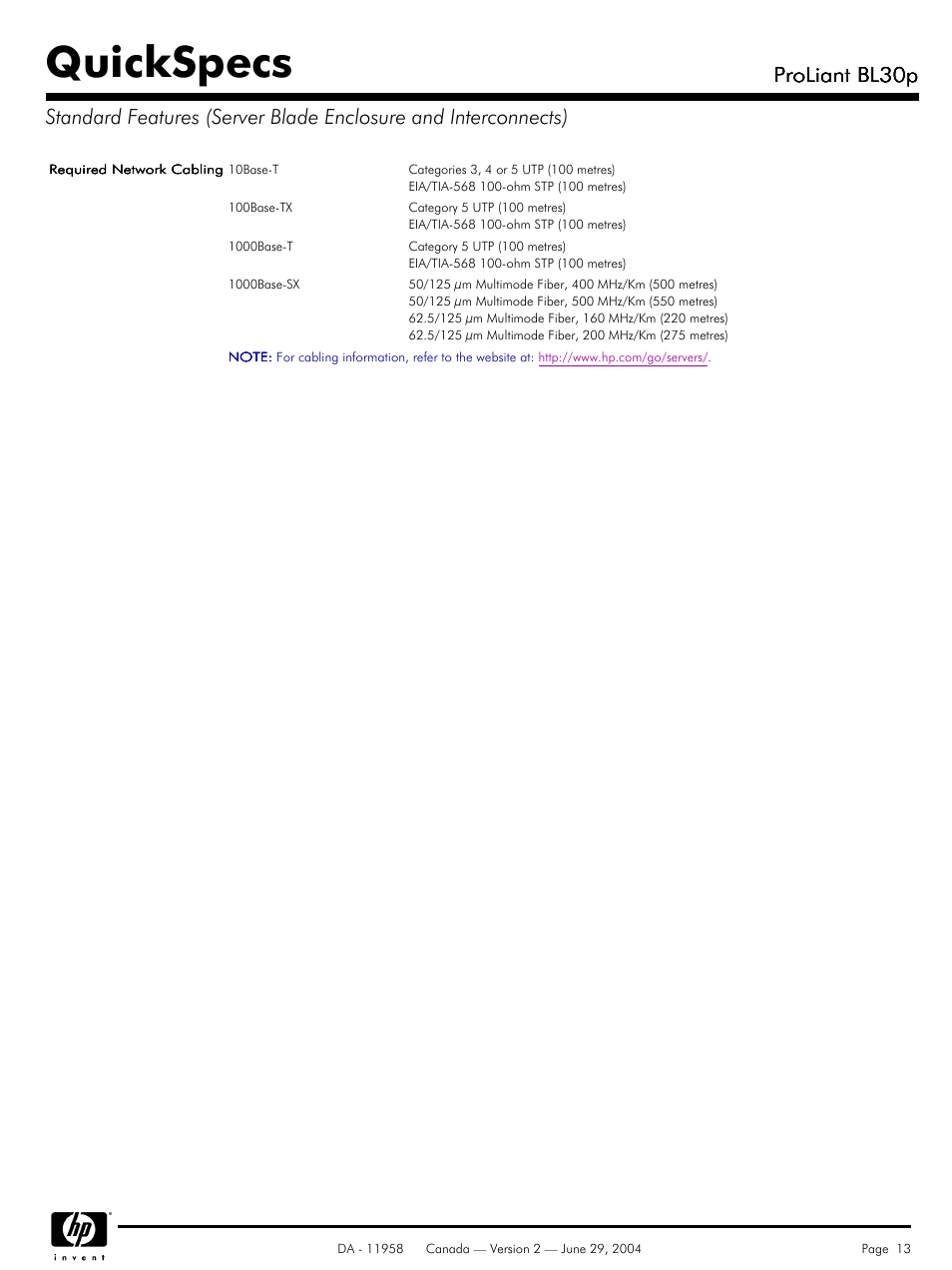 Quickspecs, Proliant bl30p | HP BL30p User Manual | Page 13 / 36