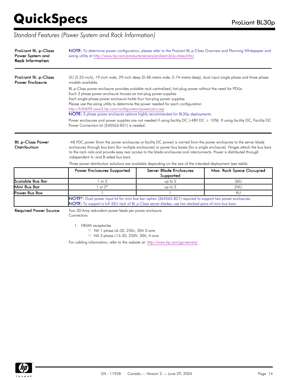 Quickspecs, Proliant bl30p | HP BL30p User Manual | Page 14 / 36