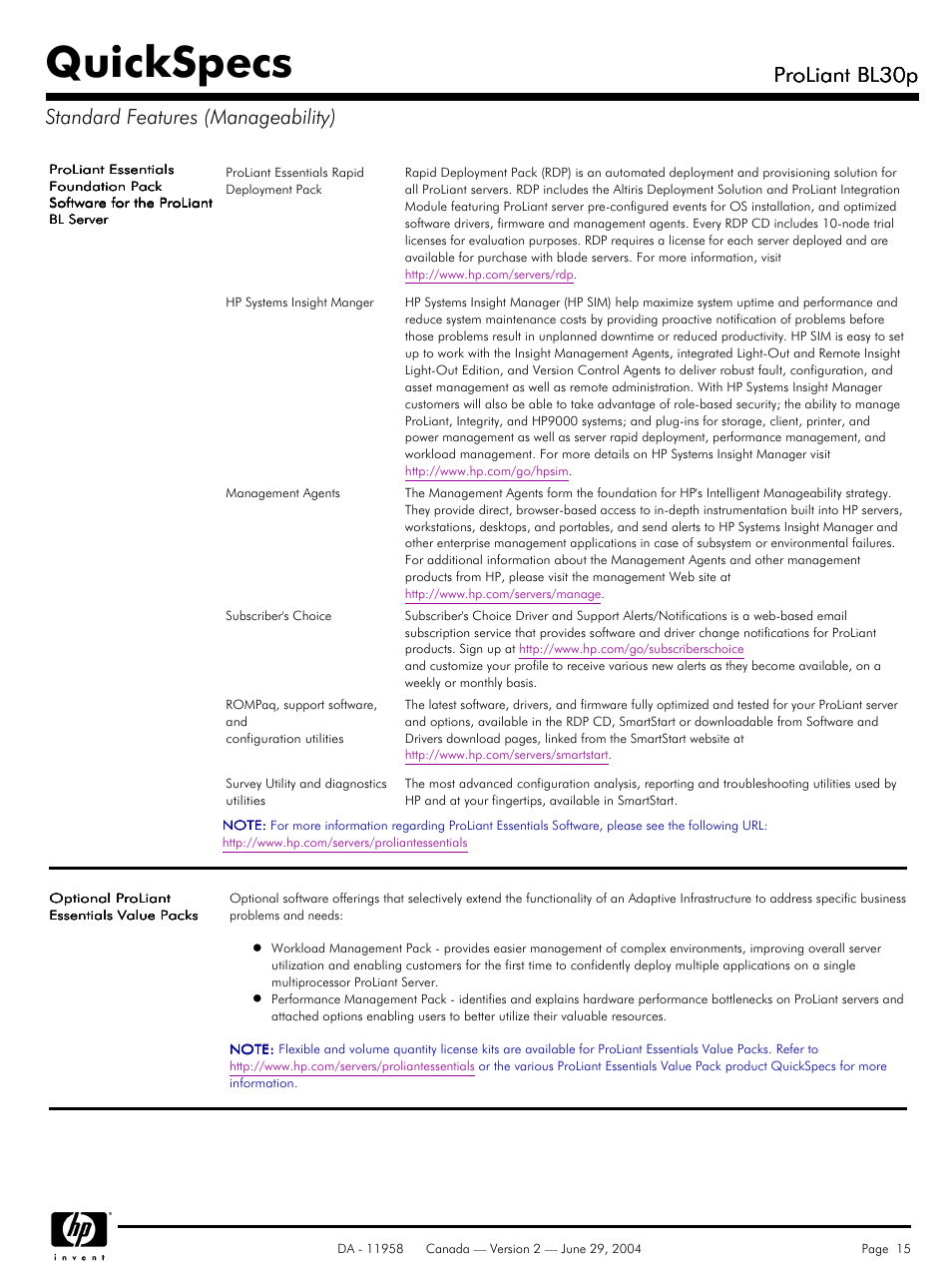 Standard features (manageability), Quickspecs, Proliant bl30p | Proliant bl30p standard features (manageability) | HP BL30p User Manual | Page 15 / 36