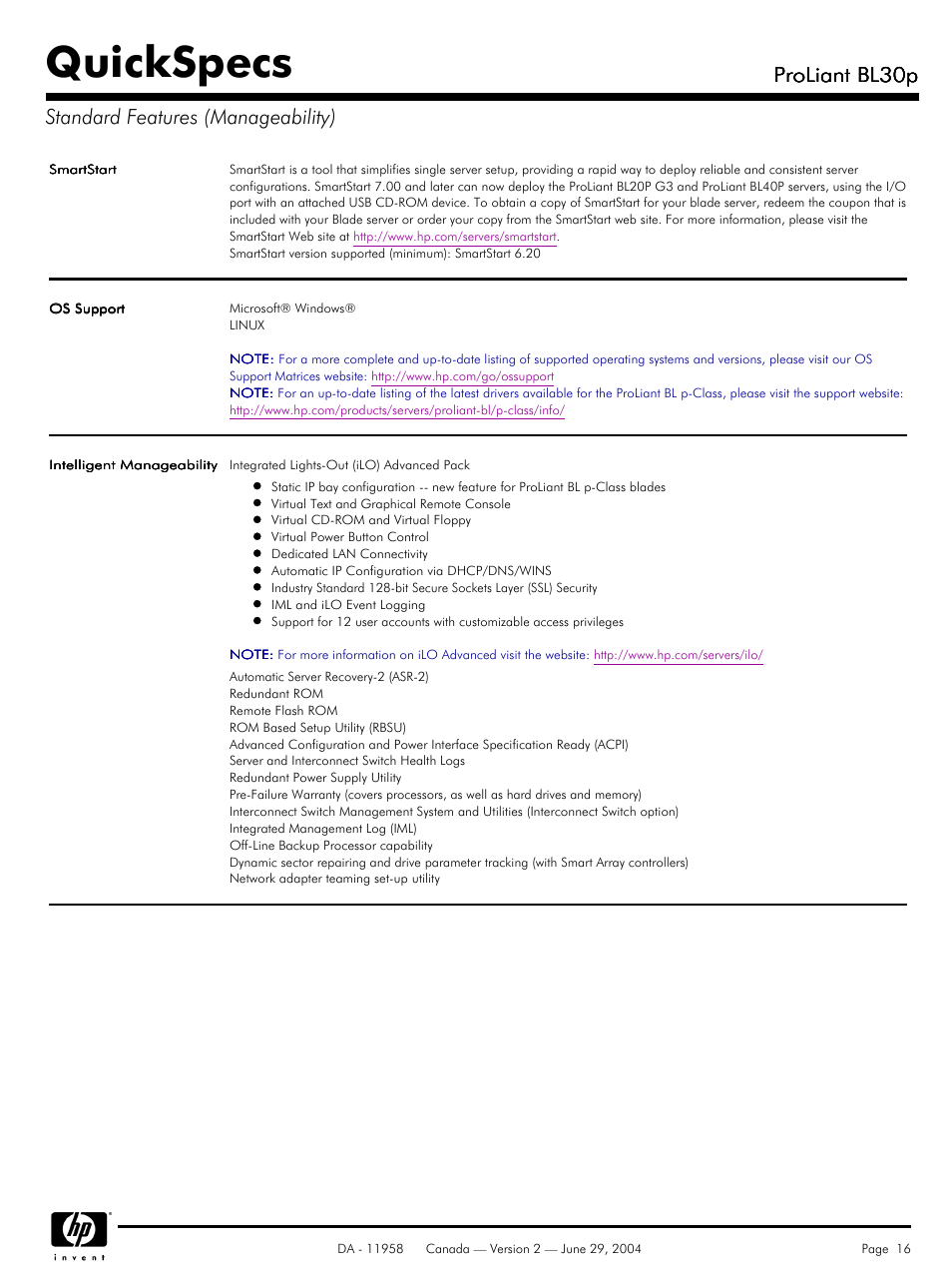 Quickspecs, Proliant bl30p, Proliant bl30p standard features (manageability) | HP BL30p User Manual | Page 16 / 36