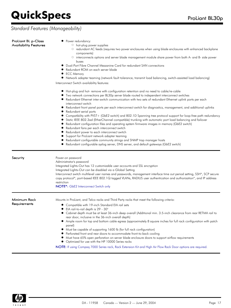 Quickspecs, Proliant bl30p, Proliant bl30p standard features (manageability) | HP BL30p User Manual | Page 17 / 36