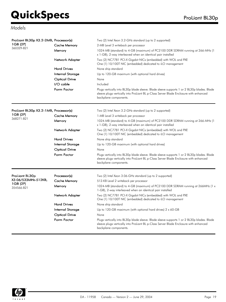 Models, Quickspecs, Proliant bl30p | Proliant bl30p models | HP BL30p User Manual | Page 19 / 36