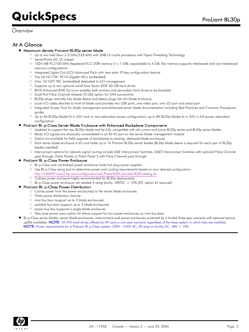 Quickspecs, Proliant bl30p, Proliant bl30p overview | At a glance | HP BL30p User Manual | Page 2 / 36