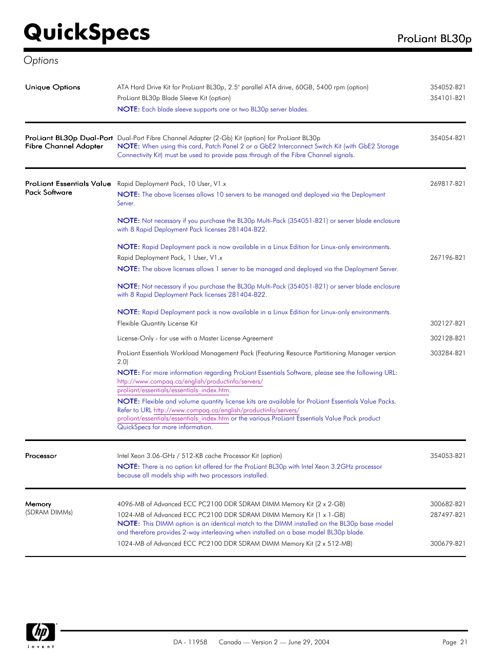 Options, Quickspecs, Proliant bl30p | Proliant bl30p options | HP BL30p User Manual | Page 21 / 36