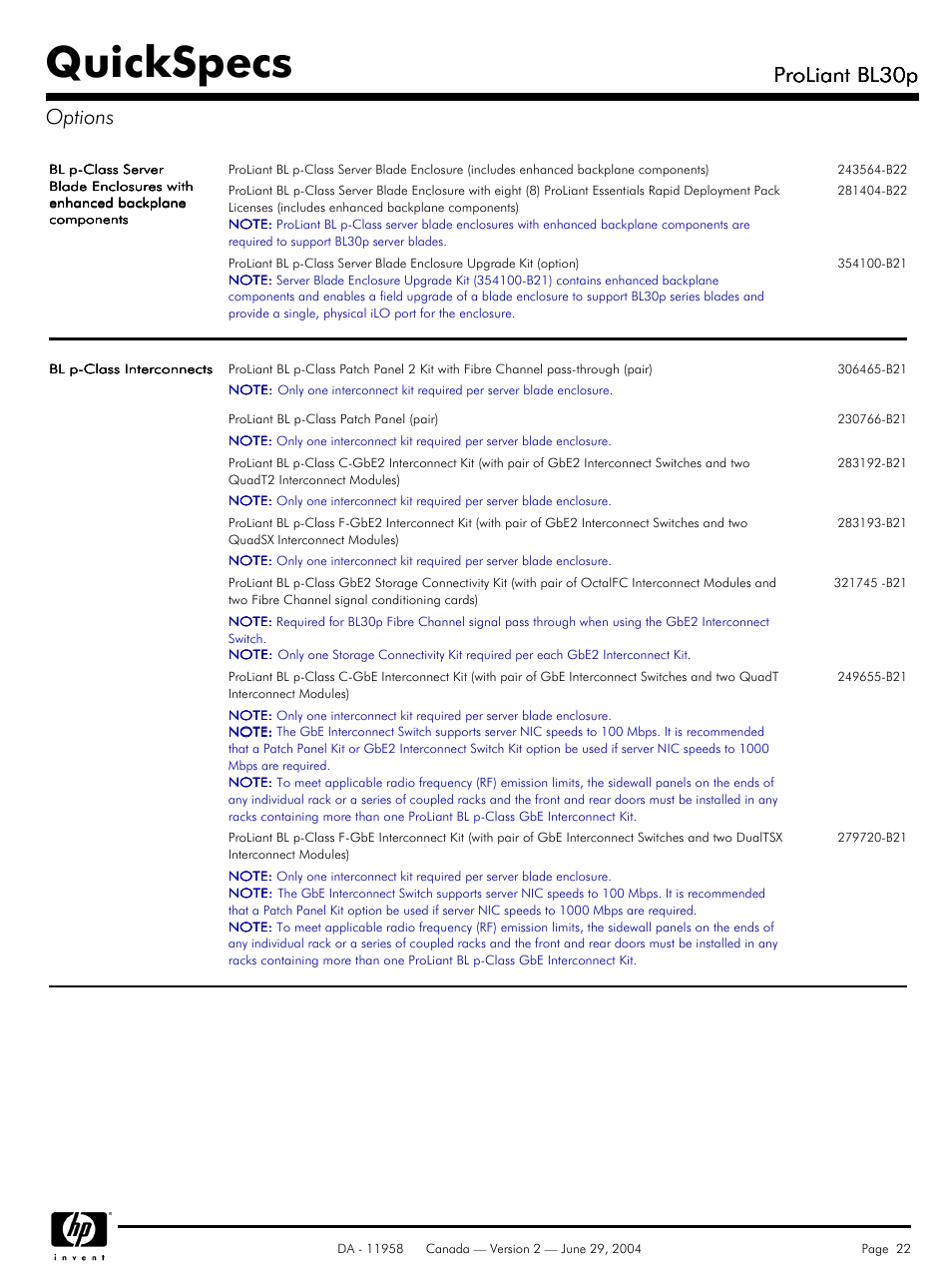 Quickspecs, Proliant bl30p, Proliant bl30p options | HP BL30p User Manual | Page 22 / 36