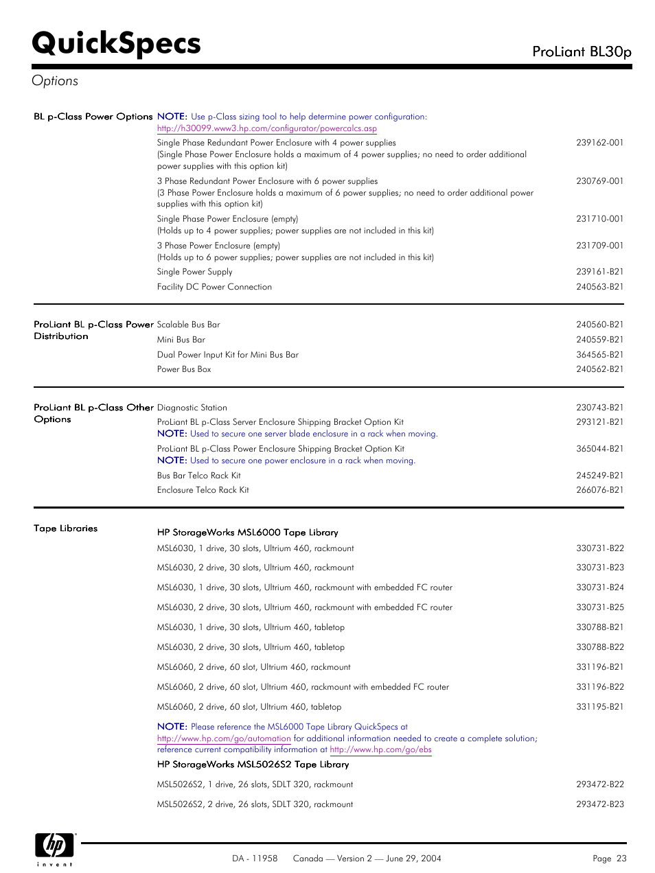 Quickspecs, Proliant bl30p, Proliant bl30p options | HP BL30p User Manual | Page 23 / 36
