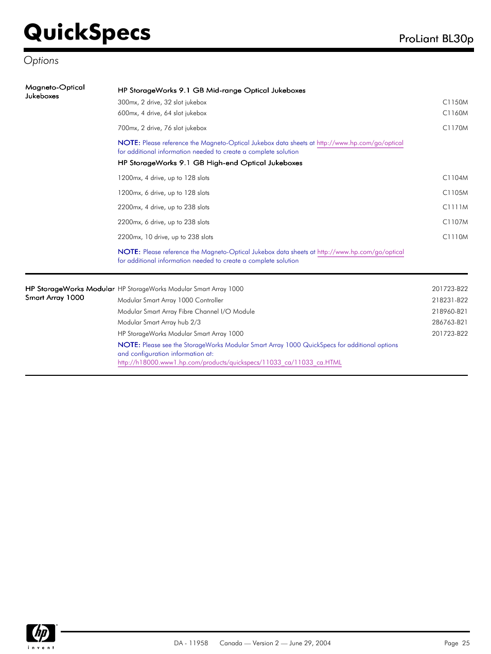 Quickspecs, Proliant bl30p, Proliant bl30p options | HP BL30p User Manual | Page 25 / 36