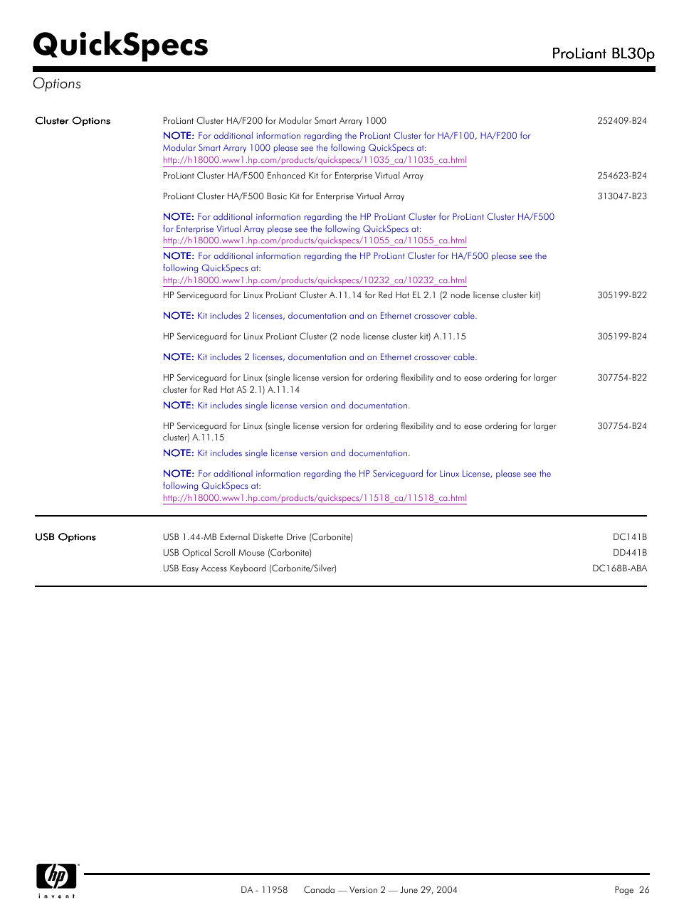 Quickspecs, Proliant bl30p, Proliant bl30p options | HP BL30p User Manual | Page 26 / 36