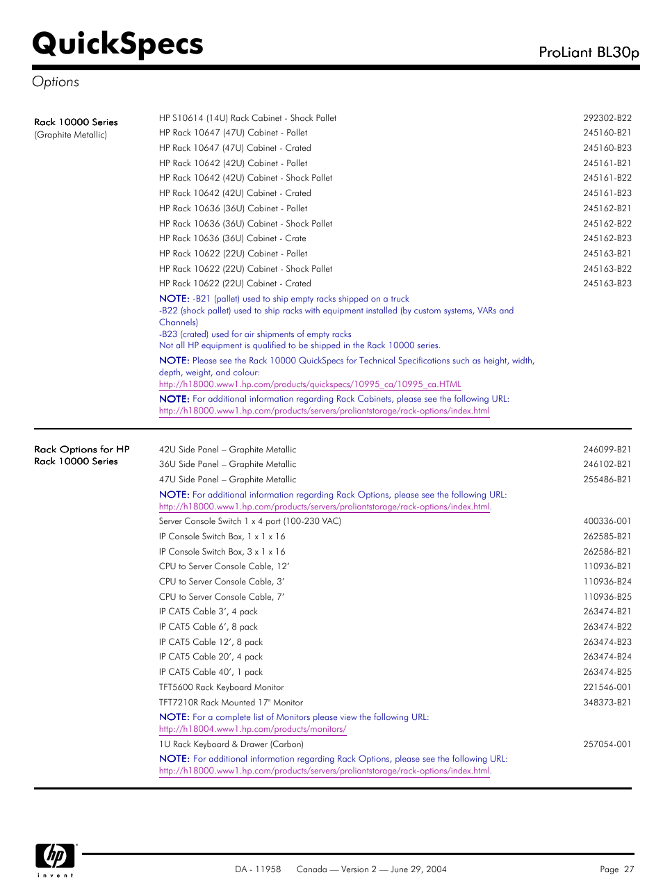 Quickspecs, Proliant bl30p, Proliant bl30p options | HP BL30p User Manual | Page 27 / 36