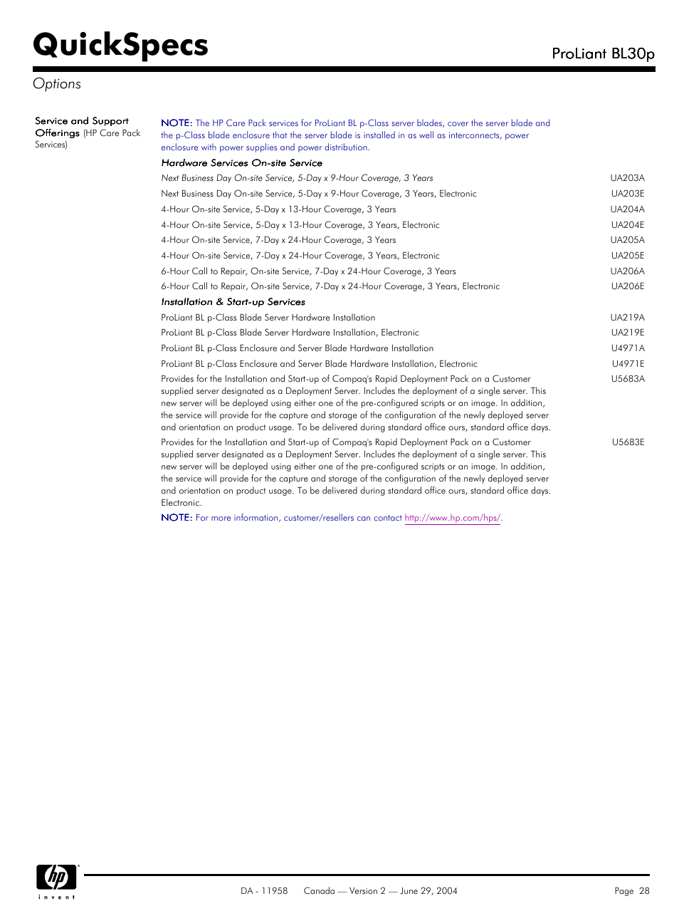 Quickspecs, Proliant bl30p, Proliant bl30p options | HP BL30p User Manual | Page 28 / 36