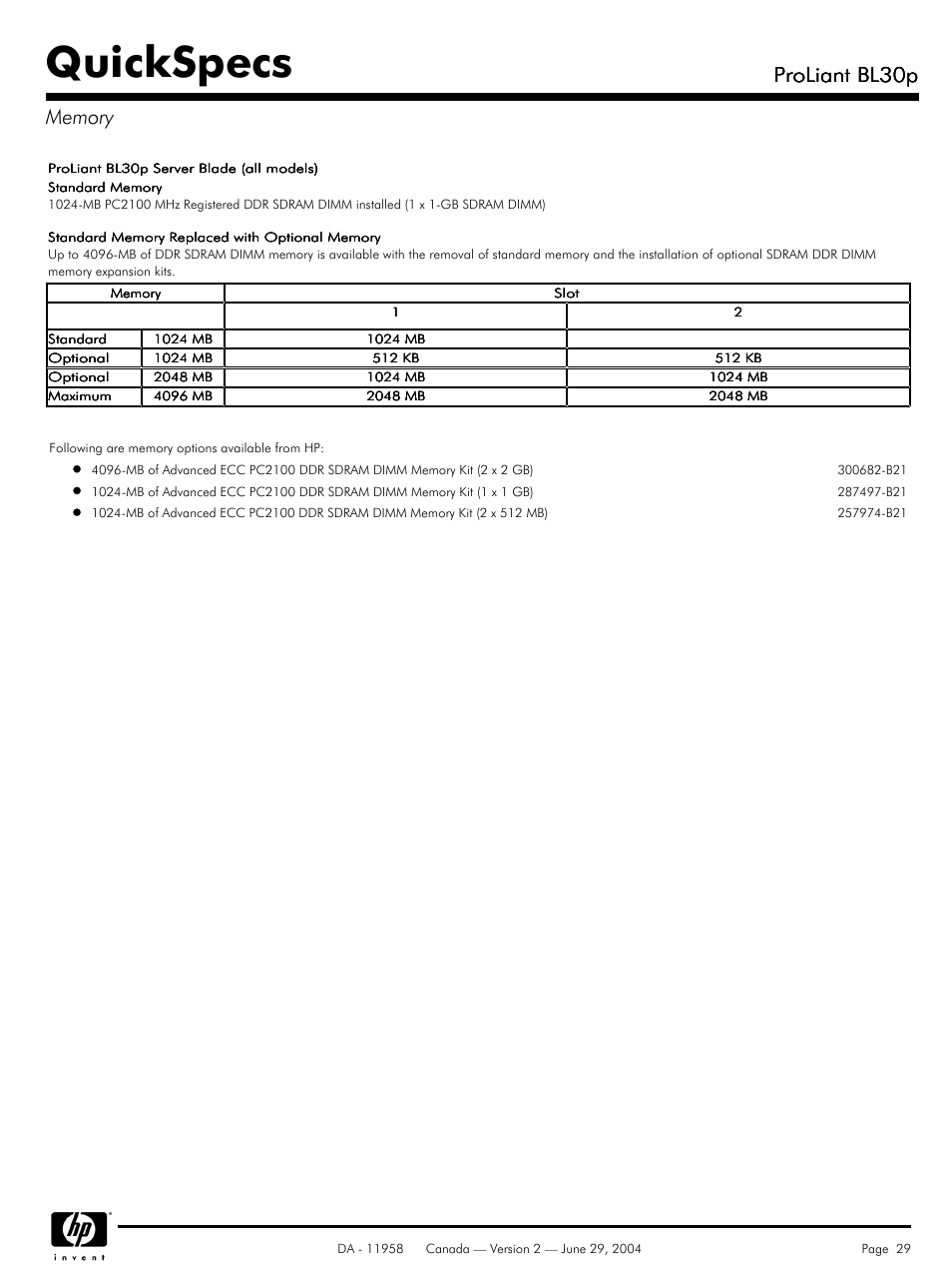 Memory, Quickspecs, Proliant bl30p | HP BL30p User Manual | Page 29 / 36