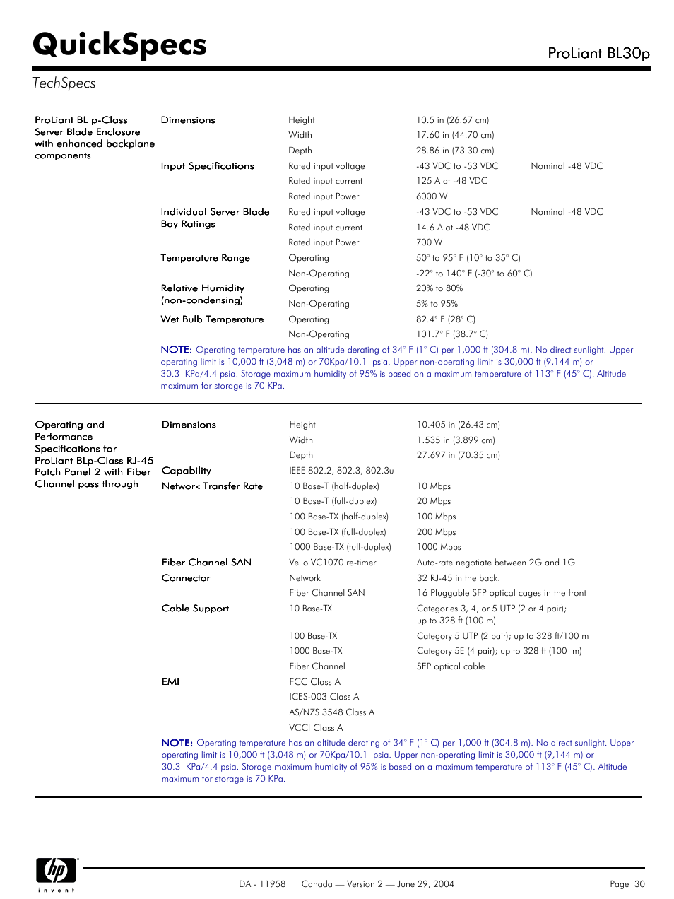 Techspecs, Quickspecs, Proliant bl30p | Proliant bl30p techspecs | HP BL30p User Manual | Page 30 / 36