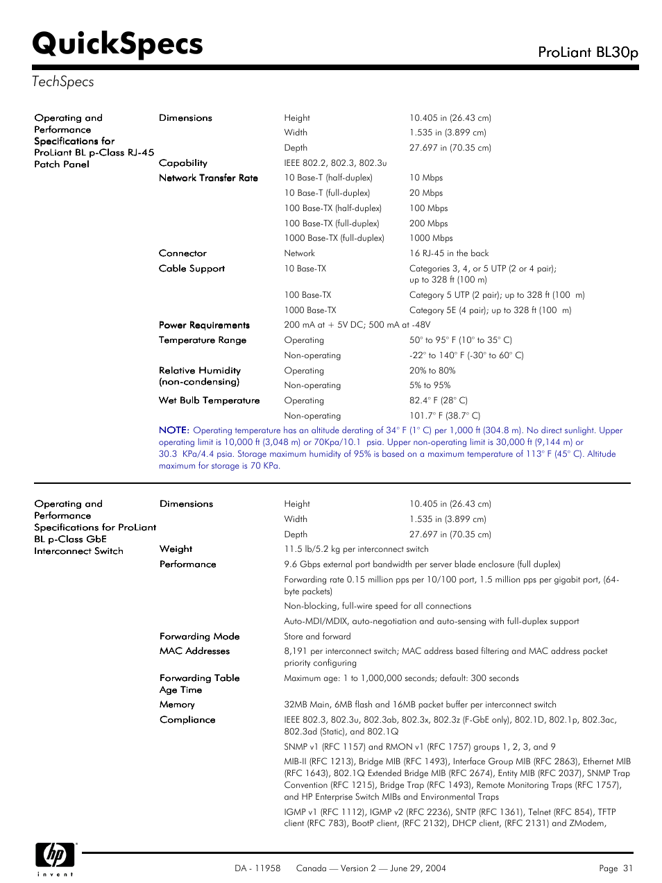 Quickspecs, Proliant bl30p, Proliant bl30p techspecs | HP BL30p User Manual | Page 31 / 36