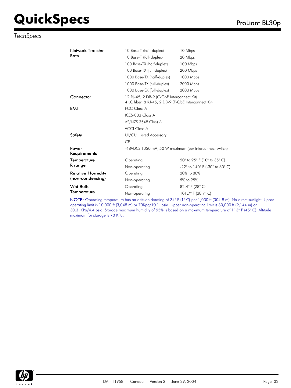 Quickspecs, Proliant bl30p, Proliant bl30p techspecs | HP BL30p User Manual | Page 32 / 36