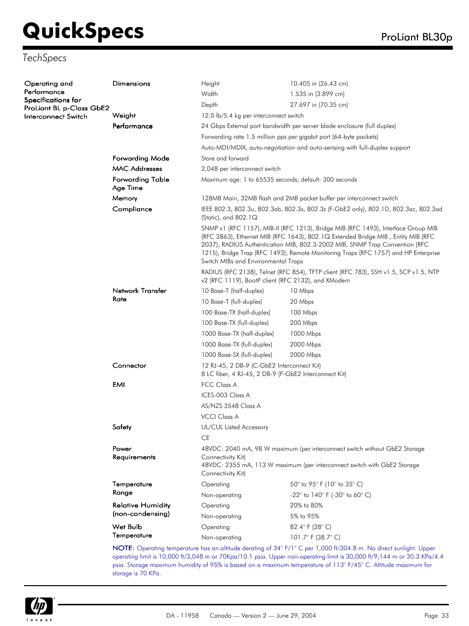 Quickspecs, Proliant bl30p, Proliant bl30p techspecs | HP BL30p User Manual | Page 33 / 36