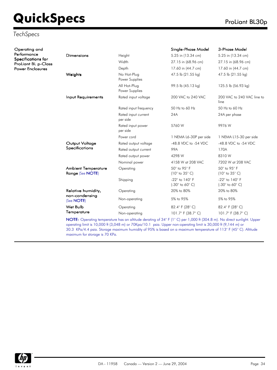 Quickspecs, Proliant bl30p, Proliant bl30p techspecs | HP BL30p User Manual | Page 34 / 36