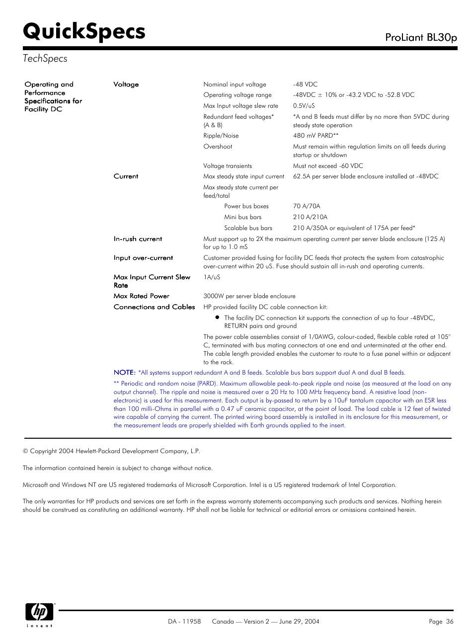 Quickspecs, Proliant bl30p, Proliant bl30p techspecs | HP BL30p User Manual | Page 36 / 36