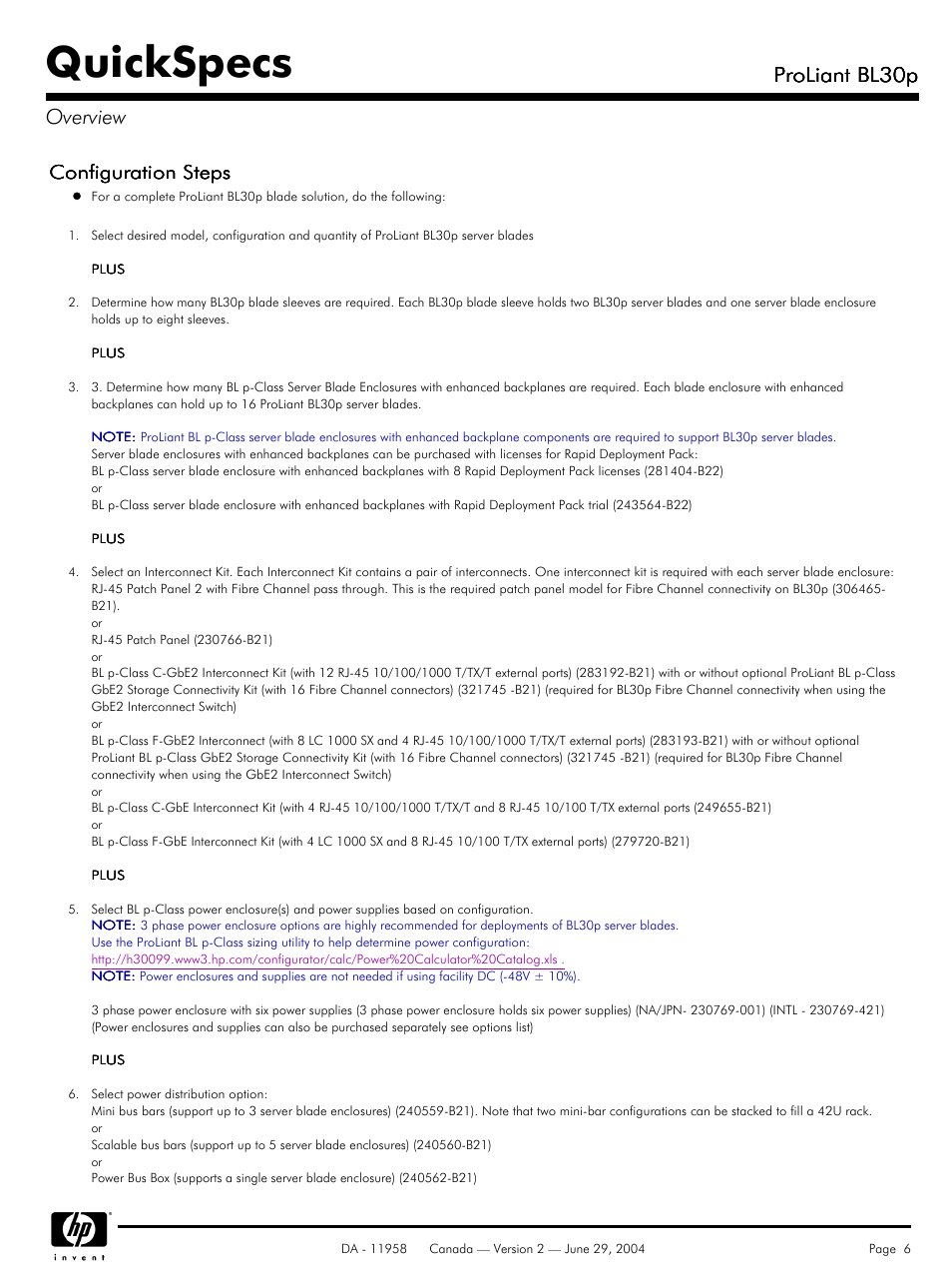 Quickspecs, Proliant bl30p, Proliant bl30p overview | Configuration steps | HP BL30p User Manual | Page 6 / 36