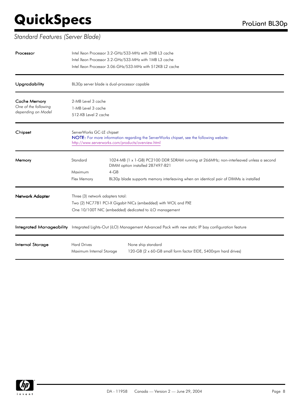 Standard features (server blade), Quickspecs, Proliant bl30p | Proliant bl30p standard features (server blade) | HP BL30p User Manual | Page 8 / 36