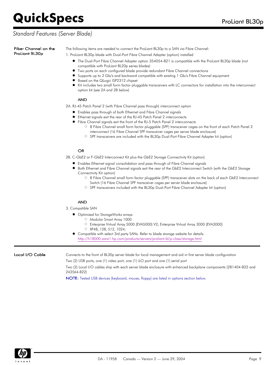 Quickspecs, Proliant bl30p, Proliant bl30p standard features (server blade) | HP BL30p User Manual | Page 9 / 36