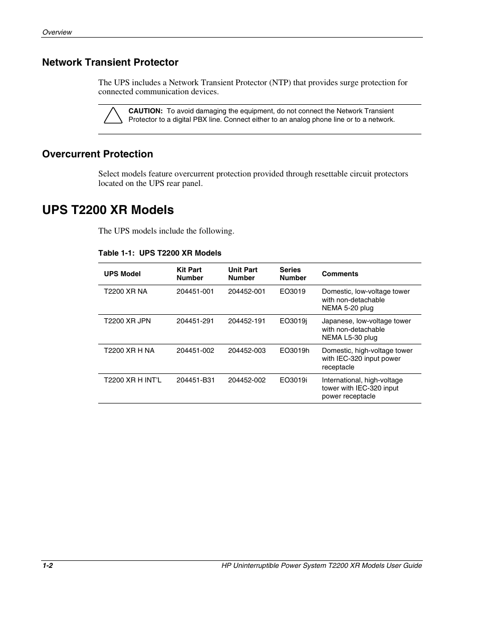 Network transient protector, Overcurrent protection, Ups t2200 xr models | Network transient protector -2, Overcurrent protection -2, Ups t2200 xr models -2 | HP T2200 XR User Manual | Page 10 / 51