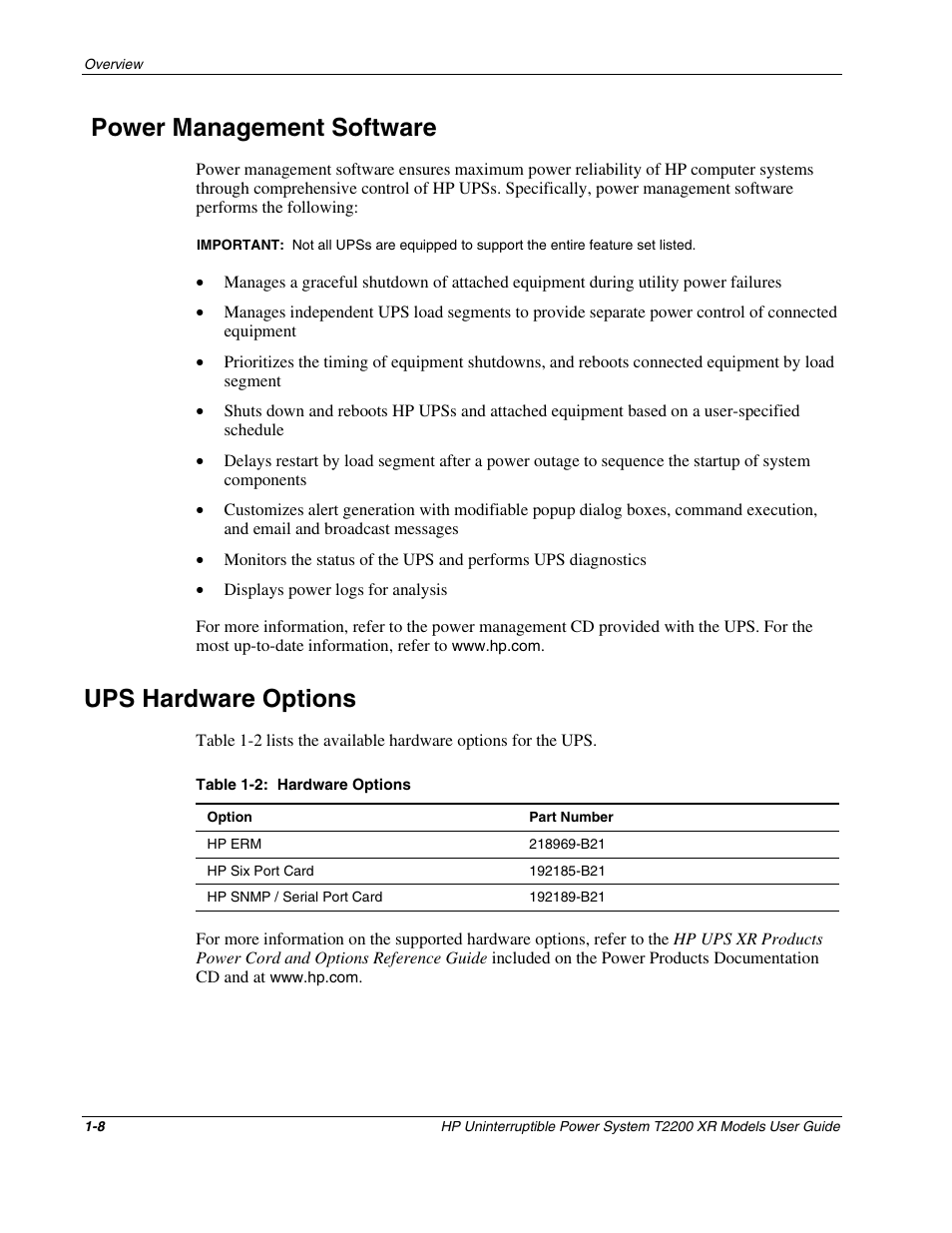 Power management software, Ups hardware options, Power management software -8 | Ups hardware options -8 | HP T2200 XR User Manual | Page 16 / 51