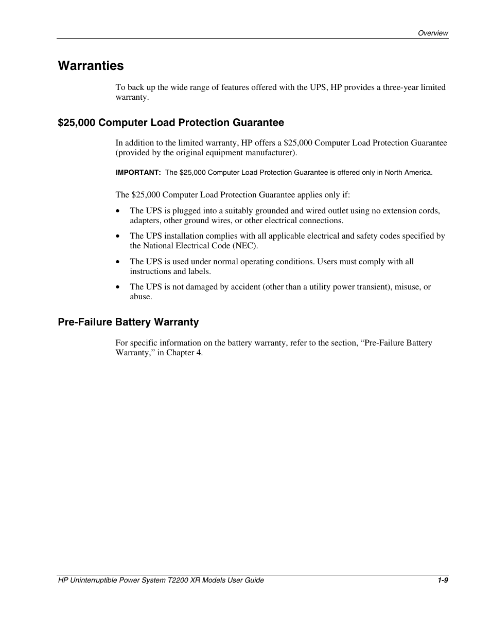 Warranties, 25,000 computer load protection guarantee, Pre-failure battery warranty | Warranties -9, 25,000 computer load protection guarantee -9, Pre-failure battery warranty -9 | HP T2200 XR User Manual | Page 17 / 51
