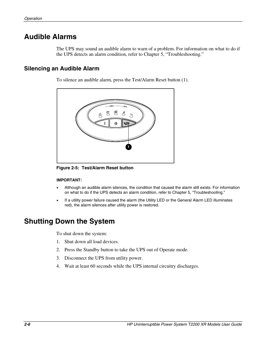 Audible alarms, Silencing an audible alarm, Shutting down the system | Audible alarms -6, Silencing an audible alarm -6, Shutting down the system -6 | HP T2200 XR User Manual | Page 23 / 51