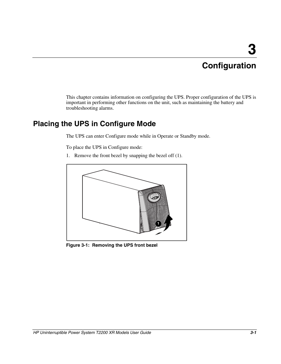 Chapter 3: configuration, Placing the ups in configure mode, Chapter 3 | Configuration, Placing the ups in configure mode -1 | HP T2200 XR User Manual | Page 24 / 51