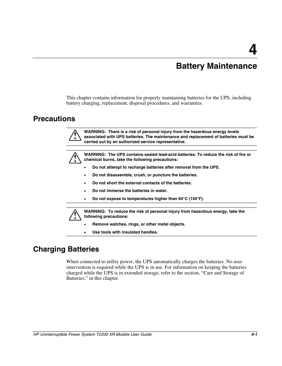 Chapter 4: battery maintenance, Precautions, Charging batteries | Chapter 4, Battery maintenance, Precautions -1, Charging batteries -1 | HP T2200 XR User Manual | Page 28 / 51