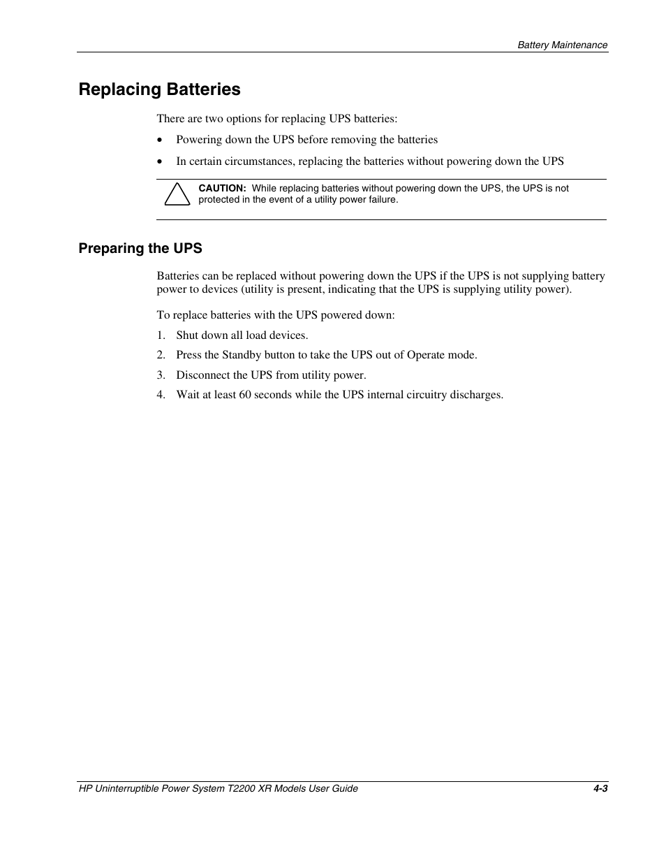 Replacing batteries, Preparing the ups, Replacing batteries -3 | Preparing the ups -3 | HP T2200 XR User Manual | Page 30 / 51