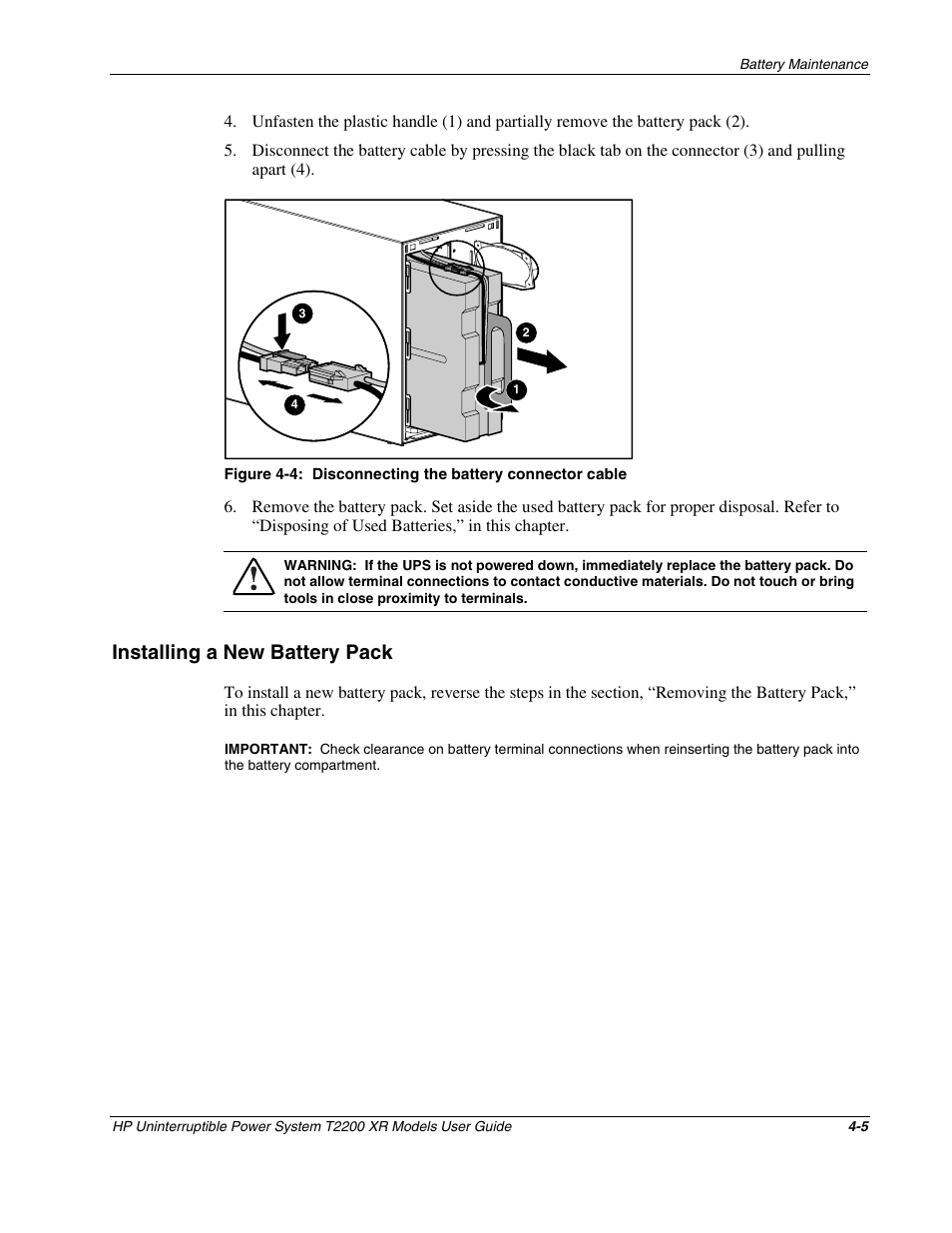 Installing a new battery pack, Installing a new battery pack -5 | HP T2200 XR User Manual | Page 32 / 51