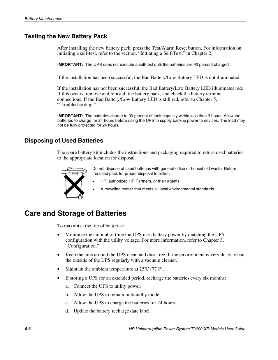 Testing the new battery pack, Disposing of used batteries, Care and storage of batteries | Testing the new battery pack -6, Disposing of used batteries -6, Care and storage of batteries -6 | HP T2200 XR User Manual | Page 33 / 51