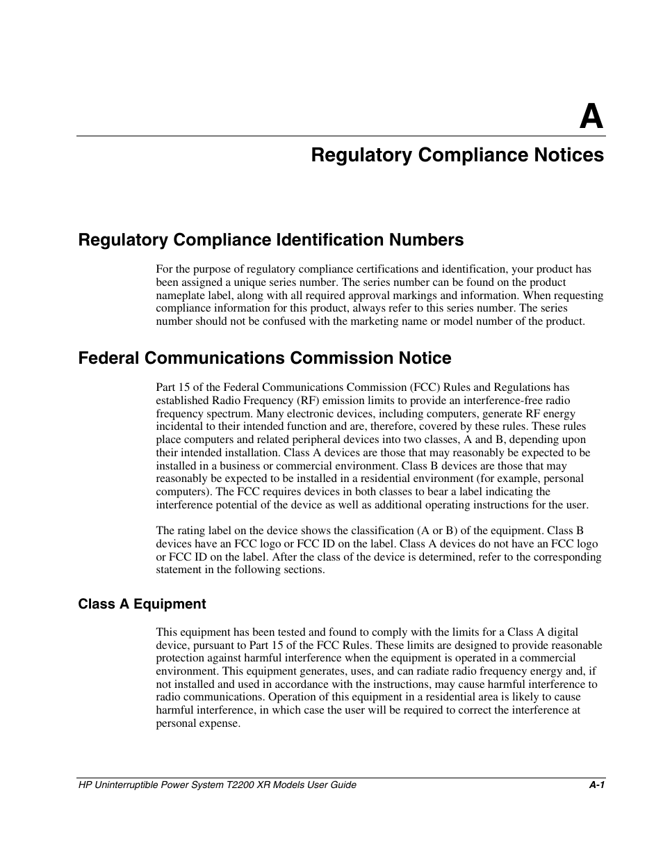 Appendix a: regulatory compliance notices, Regulatory compliance identification numbers, Federal communications commission notice | Class a equipment, Appendix a, Regulatory compliance notices | HP T2200 XR User Manual | Page 38 / 51