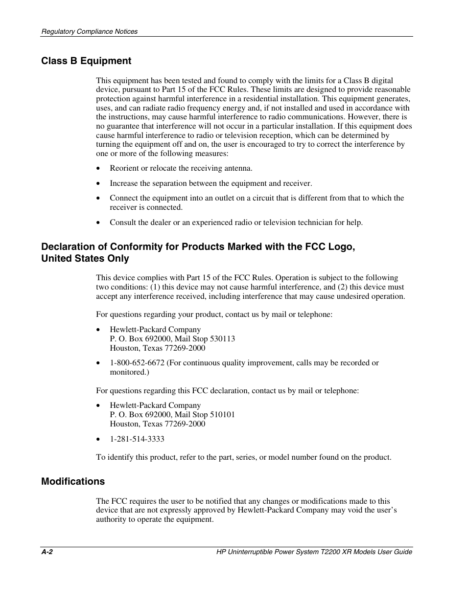 Class b equipment, Modifications | HP T2200 XR User Manual | Page 39 / 51