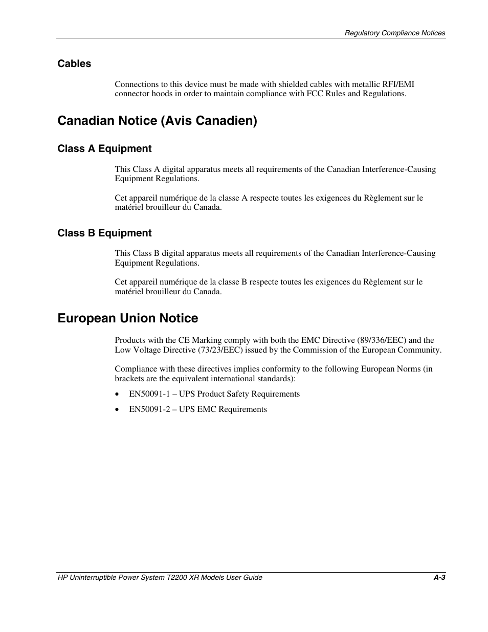Cables, Canadian notice (avis canadien), Class a equipment | Class b equipment, European union notice | HP T2200 XR User Manual | Page 40 / 51